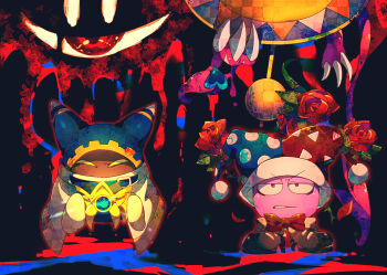 ^_^ animal_ears belt belt_buckle belt_collar black_background blue_belt blue_headwear blue_hood boots bow bowtie brown_footwear buckle cape claws closed_eyes collar colored_skin commentary_request covered_mouth crown disembodied_hand dripping dual_persona extra_eyes flower frown fur-trimmed_headwear fur_trim galactic_nova gear_print gloves half-closed_eyes hat heart holding holding_crown jester_cap kirby_(series) magolor magolor_soul marx_(kirby) marx_soul master_crown nintendo no_humans parted_lips pocket_watch polka_dot_headwear pom_pom_(clothes) purple_eyes purple_skin rayman_limbs red_bow red_bowtie red_eyes red_flower red_headwear red_rose red_wings rose scarf shirushiki solid_circle_eyes straight-on triangle_print two-tone_headwear unworn_headwear v-shaped_eyebrows watch white_cape white_eyes white_gloves white_scarf wings yellow_headwear