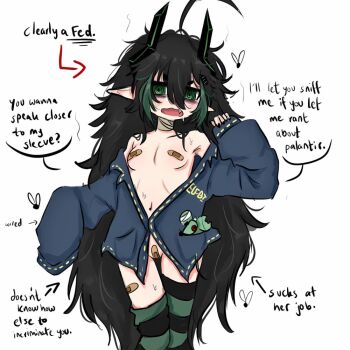 1girl @_@ ahoge artist_request bags_under_eyes bandages bandaid bandaids_on_nipples black_hair black_nails blue_shirt breasts bug elfinpsyop english_text fang green_eyes green_hair hair_between_eyes horns indie_virtual_youtuber loli long_hair looking_at_viewer messy_hair multicolored_hair navel open_mouth pasties pointy_ears ringed_eyes shirt simple_background sleeves_past_wrists small_breasts smell solo speech_bubble striped_clothes striped_thighhighs sweat thighhighs very_long_hair virtual_youtuber white_background