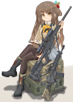 1girl assault_rifle black_boots black_thighhighs boots bow bowtie box brown_eyes brown_hair brown_jacket case cellphone closed_mouth combat_boots commentary_request crossed_legs dress_shirt female_focus flower frilled_skirt frills green_flower grey_skirt gun gun_sling hair_ornament high_collar highres holding holding_phone jacket lace-up_boots looking_at_viewer m4a1 mikeran_(mikelan) miniskirt on_box orange_bow orange_bowtie original phone pleated_skirt rifle school_uniform scope shadow shirt sitting sitting_on_box skirt smartphone smile sniper_rifle solo thighhighs weapon weapon_request white_background white_shirt