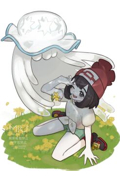 1girl absurdres artist_name beanie black_hair blue_eyes blush floral_print flower gen_7_pokemon green_shorts hat highres miu_(miuuu_721) nihilego nintendo one_eye_closed open_mouth petals pokemon pokemon_(creature) pokemon_sm red_hat red_shoes selene_(pokemon) shirt shoes short_hair short_shorts short_sleeves shorts sitting smile tied_shirt ultra_beast wariza white_background yellow_shirt