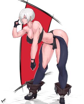 1girl abs absurdres angel_(kof) ass backless_pants blue_eyes boots bra breasts chaps cleavage cowboy_boots crop_top fingerless_gloves gloves hair_over_one_eye highres index_fingers_raised juggler_(sun_juggler) large_breasts looking_at_viewer midriff muscular muscular_female navel panties pants short_hair snk solo strapless strapless_bra the_king_of_fighters the_king_of_fighters_xiv toned toned_female underwear white_hair