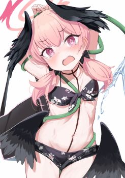 1girl arms_behind_head arms_up bare_shoulders bikini black_bikini black_wings blue_archive blush bow breasts collarbone feathered_wings hair_bow halo head_wings highres hose koharu_(blue_archive) koharu_(swimsuit)_(blue_archive) long_hair looking_at_viewer low_twintails low_wings navel open_mouth p_answer pink_eyes pink_hair small_breasts solo spaghetti_strap swimsuit thighs twintails wings