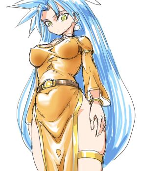 1girl big_hair blue_hair bracelet breasts chrono_trigger closed_mouth commentary_request dress earrings jewelry long_hair looking_at_viewer mature_female queen_zeal s-a-murai simple_background skin_tight solo standing tight_clothes tight_dress very_long_hair white_background