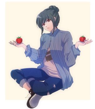 1girl age_matters black_shoes brown_eyes closed_mouth commentary crossed_legs denim english_commentary enjelicious food fruit full_body hair_bun highres holding holding_food holding_fruit holding_tomato jeans outside_border pale_skin pants rose_choi shoes sitting sneakers solo striped_clothes tomato yellow_background