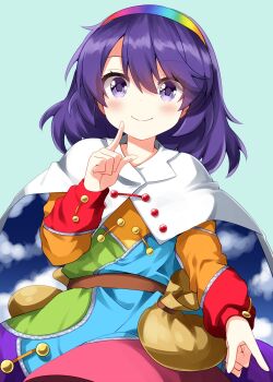 1girl blue_background blush cape closed_mouth commentary_request cowboy_shot dress hair_between_eyes hairband hands_up highres index_fingers_raised long_sleeves looking_at_viewer multicolored_dress multicolored_hairband patchwork_clothes print_cape purple_eyes purple_hair rainbow_gradient ruu_(tksymkw) short_hair simple_background sky_print smile solo tenkyuu_chimata touhou two-sided_cape two-sided_fabric white_cape