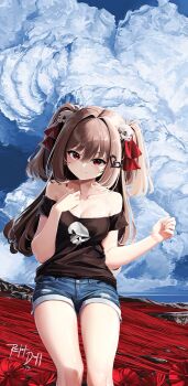 1girl absurdres bare_shoulders black_shirt blue_shorts breasts broken_heart broken_heart_hair_ornament brown_hair closed_mouth cloud cloudy_sky commentary english_commentary evil_neuro-sama feet_out_of_frame hair_between_eyes hair_ornament hair_ribbon heart highres long_hair looking_at_viewer making-of_available medium_breasts neuro-sama okrocketboy1 red_eyes red_ribbon ribbon shirt short_sleeves shorts skull_hair_ornament sky smile solo two_side_up vedal_ai