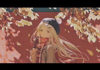 1girl absurdres autumn autumn_leaves beret black_hat blonde_hair blush brown_gloves chi_(luckyeric320) coat colored_eyelashes falling_leaves floating_hair from_side gakuen_idolmaster gloves grey_coat hair_ornament hairclip hand_up hat highres idolmaster leaf letterboxed long_hair long_sleeves looking_at_viewer orange_eyes outdoors parallel_hairclips parted_bangs parted_lips plaid_clothes plaid_scarf red_scarf scarf scarf_pull shinosawa_hiro solo upper_body wind