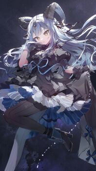 1girl absurdres arknights bang_dream! bang_dream!_it&#039;s_mygo!!!!! black_boots black_dress black_gloves black_horns black_pantyhose black_ribbon blue_hair blunt_bangs boots chinese_commentary commentary_request curled_horns cy6n detached_collar dress foot_out_of_frame frilled_dress frills gloves hair_ribbon hand_to_own_mouth hand_up high_heel_boots high_heels highres horn_ornament horn_ring horns long_hair looking_at_viewer pantyhose puffy_short_sleeves puffy_sleeves ribbon short_sleeves sidelocks skirt_hold solo standing standing_on_one_leg togawa_sakiko togawa_sakiko_(master_of_melodia) two_side_up yellow_eyes