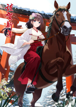 Rule 34 | 1girl, akeome, black sandals, blue eyes, blue sky, brown hair, chinese zodiac, commentary request, day, flower, hair flower, hair ornament, hakama, hakama pants, happy new year, highres, horse, horseback riding, japanese clothes, kimono, long hair, long sleeves, looking at viewer, miko, new year, original, outdoors, pants, purple flower, red hakama, reins, riding, saddle, sandals, sky, snow, socks, solo, stirrups (riding), tabi, torii, white flower, white kimono, white socks, wide sleeves, year of the horse, zaregoto tsukai no deshi, zouri