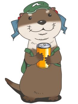 :3 animal_focus animalization backpack bag blue_hair can commentary_request full_body green_bag green_hat hair_bobbles hair_ornament hat holding holding_can kawashiro_nitori looking_at_viewer newsboy_cap no_humans onikobe_rin open_mouth otter simple_background standing touhou two_side_up white_background