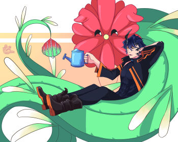 1boy absurdres arknights bard_cookie blue_hair boots creature flamebringer_(arknights) flower highres holding holding_watering_can horns lobotomy_corporation material_growth muscular muscular_male oripathy_lesion_(arknights) porccubus project_moon relaxing watering_can yellow_eyes