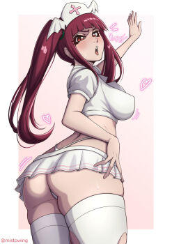 1girl artist_name ass bleach blush border breasts crop_top dokugamine_riruka female_focus hand_on_own_hip highres large_breasts long_hair mistowing nurse open_mouth purple_eyes purple_hair simple_background skindentation skirt sweat thighhighs thighs thong tsundere twintails twitter_username white_border white_thighhighs