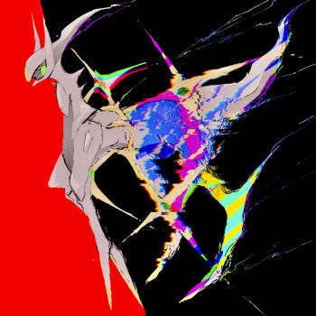 arceus black_background colored_sclera colored_skin commentary_request gem gen_4_pokemon glitch gold green_gem green_sclera highres horns legendary_pokemon mythical_pokemon nintendo no_humans pokemon pokemon_(creature) pokemon_focus red_background red_eyes suu_(225_zz5) tail white_skin