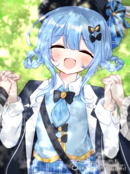 3girls :d ^_^ black_bow black_capelet black_hat blue_hair blue_necktie blue_skirt bow braid braided_hair_rings capelet closed_eyes collared_shirt deerstalker facing_viewer hair_rings happy hat highres holding_hands interlocked_fingers mahou_shoujo_no_majo_saiban multiple_girls necktie on_grass open_mouth out_of_frame outdoors sakuraba_ema shikito_(yawa0w0) shirt short_hair skirt smile solo_focus tachibana_sherry tono_hanna tree_shade upper_body vest white_shirt