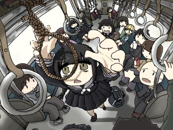 arms_up bag black_hair black_serafuku black_shirt black_skirt cellphone commentary covering_another&#039;s_eyes from_above fuchina_(fucinami) grey_sailor_collar highres holding holding_phone imminent_suicide long_sleeves multiple_boys multiple_girls noose original people perspective phone pleated_skirt recording sailor_collar school_bag school_uniform serafuku shirt skirt smartphone train_interior