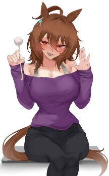1girl absurdres agnes_tachyon_(casual)_(umamusume) agnes_tachyon_(umamusume) ahoge animal_ear_piercing animal_ears bare_shoulders black_pants blush breasts brown_hair brown_tail cleavage collarbone commentary earrings english_commentary hair_between_eyes hair_intakes hands_up highres holding horse_ears horse_girl horse_tail huge_ahoge jewelry lap_pillow_invitation large_breasts long_hair_between_eyes long_sleeves looking_at_viewer medium_hair mimikaki off-shoulder_shirt off_shoulder open_mouth pants purple_shirt red_eyes shirt simple_background single_earring sitting sleeves_past_wrists smile solo tail umamusume white_background xkittyzx