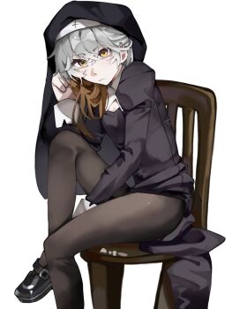 1other airtree alternate_costume between_legs black_dress black_pantyhose black_shoes black_veil brown_hair chair dress foot_out_of_frame from_side hand_between_legs hand_up highres knee_up looking_at_viewer mary_janes medicine_pocket medium_hair multicolored_hair nun on_chair pantyhose reverse:1999 shoes side_slit sitting solo veil white_background white_hair yellow_eyes