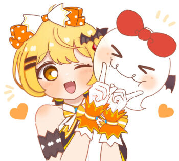 1girl ;d armband bare_shoulders bat_hair_ornament black_armband blonde_hair blush bow chibi chibi_only commentary double-parted_bangs fang hair_bow hair_ornament hairclip halter_shirt halterneck heart heart_background hololive hololive_idol_uniform_(origin) idol_clothes notice_lines obake-chan_(yozora_mel) official_alternate_costume one_eye_closed open_mouth parallel_hairclips sakuramochir short_hair skin_fang smile solo swept_bangs symbol-only_commentary upper_body virtual_youtuber yellow_eyes yozora_mel