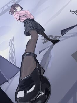 1girl angry ankle_strap black_shirt black_skirt brown_hair clothing_cutout commentary english_commentary feet footwear_focus foreshortening frilled_skirt frills highres jirai_kei mafuenareal meme pantyhose partially_shaded_face pink_shirt project_sekai shinonome_ena shirt shoes short_hair shoulder_cutout skirt solo standing standing_on_business_pose_(meme) truss twitter_username