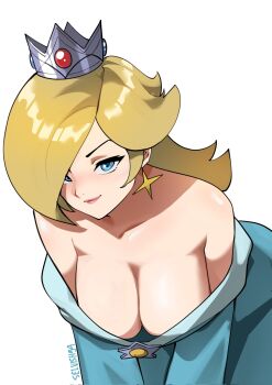 1girl artist_name bare_shoulders blonde_hair blue_dress blue_eyes breasts cleavage collarbone crown downblouse dress earrings highres jewelry large_breasts lips long_hair long_sleeves looking_at_viewer mario_(series) nintendo off_shoulder pink_lips rosalina selvish94 simple_background smile solo super_mario_galaxy white_background