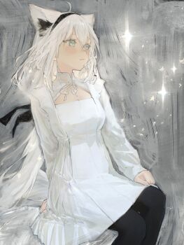 1girl absurdres ahoge animal_ear_fluff animal_ears aqua_eyes black_ribbon bliss_htt closed_mouth fox_ears fox_girl hair_between_eyes hashtag-only_commentary highres hololive long_hair looking_to_the_side ribbon shirakami_fubuki sitting sparkle_background tail virtual_youtuber white_hair