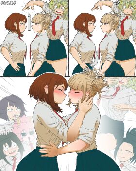 6+girls absurdres ashido_mina asui_tsuyu boku_no_hero_academia brown_hair daimus_raw double_bun green_skirt hagakure_toru hair_bun highres imminent_kiss jiro_kyoka looking_at_another messy_hair multiple_girls narrowed_eyes necktie paper_kiss_challenge pleated_skirt red_necktie school_uniform shirt short_hair skirt toga_himiko u.a._school_uniform uraraka_ochako white_shirt yaoyorozu_momo yuri