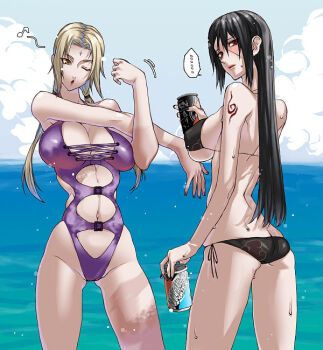 Rule 34 | 2girls, ass, bikini, black hair, blonde hair, blush, breasts, brown eyes, butt crack, cameltoe, cleavage, flat ass, genderswap, genderswap (mtf), highleg, highleg swimsuit, huge breasts, large breasts, long hair, mature female, multiple girls, naruto (classic), naruto (series), navel, red eyes, sideboob, soda, sweat, swimsuit, tattoo, tsunade (naruto), uchiha itachi, underboob, water, zokenwatarushi