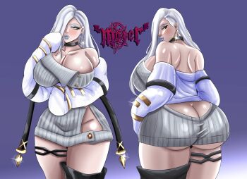 1girl ass breasts butt_crack choker cleavage earrings fate/grand_order fate_(series) highres hoop_earrings huge_ass huge_breasts jewelry lipstick long_hair makeup mozer mrs._snake_(fate) virgin_killer_sweater