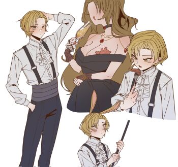 Rule 34 | 1boy, 1girl, black choker, blonde hair, brown hair, champagne flute, choker, collared shirt, commentary request, cup, drinking glass, eating, fork, highres, holding, holding fork, jewelry, korean commentary, limbus company, long hair, necklace, official alternate costume, open mouth, project moon, rodion (project moon), shirt, short hair, simple background, sinclair (project moon), suspenders, u pu u, white background, white shirt, yellow eyes