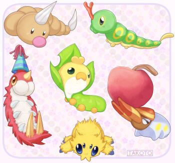 Rule 34 | apple, artist name, black eyes, blue eyes, bug, caterpie, food, fruit, gen 1 pokemon, gen 3 pokemon, gen 5 pokemon, gen 7 pokemon, grubbin, hat, highres, joltik, nintendo, no humans, party hat, pokemon, pokemon (creature), sewaddle, takoto, weedle, wurmple, yellow eyes