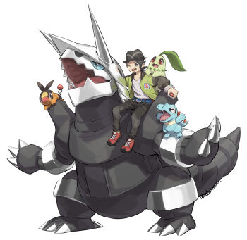 1boy aggron black_eyes black_hair black_hat black_pants chikorita claws gen_2_pokemon gen_3_pokemon gen_5_pokemon green_jacket hat highres holding holding_poke_ball horns jacket makoto_ikemu nintendo one_eye_closed open_clothes open_jacket open_mouth pants paxton_(pokemon) poke_ball poke_ball_(basic) pokemon pokemon_(creature) red_shoes shirt shoes short_hair simple_background sitting tail tepig totodile white_background white_shirt