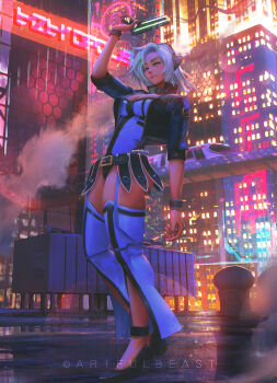 1girl anklet arm_up artist_name belt black_belt black_jacket black_shoes bracelet breasts city city_lights cleavage collar commentary commission cropped_jacket cyberpunk english_commentary full_body gaiters green_streaks grey_collar groin gun handgun headphones highres holding holding_gun holding_weapon jacket jewelry large_breasts leotard lips looking_at_viewer medium_hair multicolored_hair nose open_clothes open_jacket orange_eyes original outdoors paul_nong purple_leotard purple_thighhighs rooftop shoes smile smoke smug solo standing thighhigh_gaiters thighhighs thighs two-tone_hair weapon white_hair