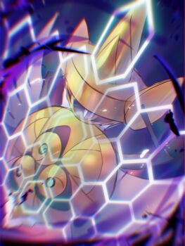 aegislash blurry commentary_request full_body gen_6_pokemon highres holding holding_shield igaitasugi king&#039;s_shield_(pokemon) nintendo no_humans one-eyed pokemon pokemon_(creature) pokemon_focus pokemon_move shield solo