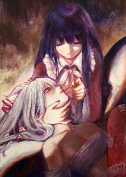 Rule 34 | 2girls, absurdres, black hair, breasts, cigarette, cleavage, commentary, english commentary, fire, fujiwara no mokou, hair ribbon, hand on another's neck, highres, holding, holding lighter, houraisan kaguya, lighter, lighting another's cigarette, long hair, long sleeves, looking at another, lying on lap, multiple girls, neck ribbon, oil painting (medium), painting (medium), pants, red eyes, red pants, ribbon, sarashi, small breasts, svveetberry, touhou, traditional media, unlit cigarette in mouth, white hair, white ribbon, wide sleeves, yuri