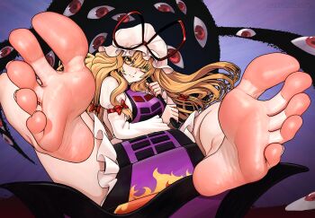1girl barefoot blonde_hair feet highres long_hair looking_at_viewer parted_lips puffypinkpaws soles toes touhou yakumo_yukari yellow_eyes