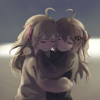 2girls :t ahoge arm_around_waist arms_around_neck backlighting black_background black_cardigan broken_heart broken_heart_hair_ornament brown_background brown_hair cardigan closed_eyes closed_mouth commentary double-parted_bangs english_commentary evil_neuro-sama hair_between_eyes hair_ornament hair_ribbon heads_together heart heart_hair_ornament highres hug long_hair multiple_girls neuro-sama nightmaremask07 pink_ribbon red_ribbon ribbon school_uniform siblings sisters sleeves_past_wrists smile twins two_side_up upper_body vedal_ai yellow_cardigan