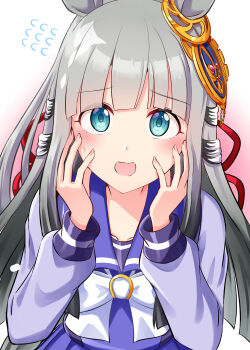 1girl animal_ears blue_eyes blush breasts chrono_genesis_(umamusume) collarbone commentary_request flying_sweatdrops grey_hair hair_between_eyes hair_ornament highres horse_ears horse_girl kamelie long_hair looking_at_viewer pov school_uniform small_breasts solo sweat tracen_school_uniform umamusume