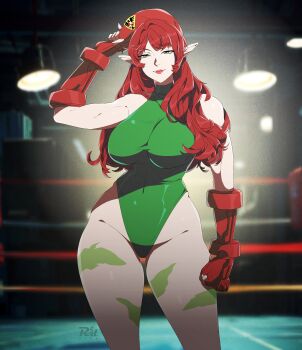 1girl arm_at_side arm_up artist_logo artist_name bare_shoulders beret blurry blurry_background bodypaint boxing_ring breasts cammy_white cammy_white_(cosplay) closed_mouth commentary commission cosplay covered_navel cowboy_shot english_commentary film_grain fingerless_gloves gloves green_eyes green_leotard groin hair_over_shoulder half-closed_eyes halterneck hand_on_headwear hat heattech_leotard highleg highleg_leotard highres indoors large_breasts leotard light_smile logo long_hair looking_at_viewer myria_(r3dfive) original pointy_ears r3dfive red_gloves red_hair red_hat red_lips solo street_fighter street_fighter_ii_(series) taut_leotard thick_thighs thighs thong turtleneck