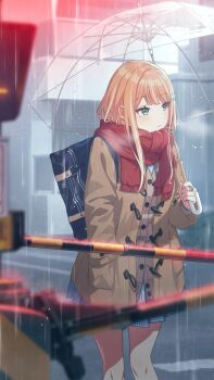 1girl bag blonde_hair blurry blurry_background building buttons cardigan coat english_text gakuen_idolmaster game_cg green_eyes hair_ornament hairclip hand_in_pocket holding holding_umbrella idolmaster jewelry mole mole_under_eye multicolored_hair neck_ribbon official_art orange_hair plant pleated_skirt railroad_crossing rain ribbon ring scarf school_bag shirt shiun_sumika skirt solo umbrella white_shirt