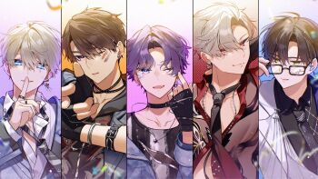 5boys adjusting_eyewear black_choker black_gloves black_hair black_necktie black_shirt blue_eyes bracelet brown_hair caleb_(love_and_deepspace) choker collar collared_shirt commentary_request confetti denim denim_jacket earpiece earrings eyes_visible_through_hair face_gems facepaint finger_gun finger_to_mouth fingerless_gloves glasses gloves hand_on_eyewear highres hood hoodie in-ear_earphones jacket jewelry layered_clothes love_and_deepspace mtsk_0420 multicolored_eyes multiple_boys necklace necktie official_alternate_costume one_eye_closed partially_unbuttoned purple_eyes purple_hair rafayel_(love_and_deepspace) red_eyes red_shirt shirt shushing smile sylus_(love_and_deepspace) white_hair white_jacket white_shirt xavier_(love_and_deepspace) yellow_eyes zayne_(love_and_deepspace)