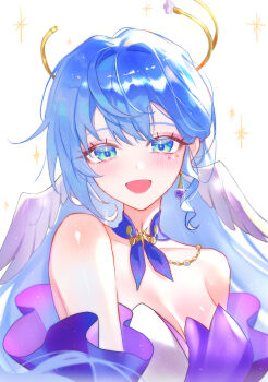 1girl absurdres bare_shoulders blue_eyes blue_hair breasts cleavage collarbone commentary_request dress feathered_wings hair_between_eyes halo head_wings highres honkai:_star_rail honkai_(series) purple_dress robin_(honkai:_star_rail) simple_background solo ssamsa0404 strapless strapless_dress upper_body white_background white_wings wings yellow_halo