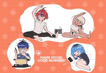 2boys 2girls alternate_hairstyle amemiya_darumi bbr_(bbr_topia) black_hair black_pants blue_hair cellphone commentary_request dark-skinned_female dark_skin english_text exercising eyepatch gradient_hair grey_hair highres kawana_tsubasa long_hair medical_eyepatch midriff multicolored_hair multiple_boys multiple_girls omokage_yugamu open_mouth pants phone red_hair shirt shorts sleeping smile streaked_hair sumino_takumi sweat the_hundred_line_-last_defense_academy- twitter_username two-tone_hair white_shirt white_shorts