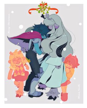 >_< 1girl 1other aged_down ahoge animal_ears antlers armor black_bodysuit blonde_hair blouse blue_hair blue_skin bodysuit braid breastplate cape checkered_clothes checkered_vest clenched_teeth collared_shirt colored_skin cuohco curly_hair deer_antlers deer_ears deer_girl deer_tail deltarune demon_horns despair desperation fake_horns fleeing freckles furry furry_female gauntlets greaves grey_background hairband hashtag-only_commentary head_on_chest highres hooves horn_hairband horns kris_(dark_world)_(deltarune) kris_(deltarune) low_twin_braids mistletoe noelle_holiday noelle_holiday_(dark_world) pauldrons pink_cape poleyn red_nose red_ribbon reindeer_girl remembering ribbon robe sabaton shirt short_sleeves shorts shoulder_armor skirt snowing sweat sweatdrop tail teasing teeth thorn_ring_(deltarune) torn_cape torn_clothes twin_braids two-tone_sweater_vest utdr_(toby_fox) vest wavy_hair weird_route_(deltarune) white_robe