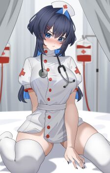 1girl absurdres alternate_costume arm_behind_back blue_eyes blue_hair blush breasts buttons closed_mouth colored_inner_hair commentary double-breasted dress english_commentary hair_intakes hat highres hololive hololive_english indoors large_breasts layunaart long_hair looking_at_viewer multicolored_hair no_shoes nurse nurse_cap on_bed ouro_kronii puffy_short_sleeves puffy_sleeves short_dress short_sleeves sitting solo stethoscope_around_neck thighhighs virtual_youtuber white_dress white_thighhighs