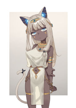 1girl ancient_egyptian animal_ears arm_behind_back armlet blue_eyes breasts cat_ears cat_girl cat_tail closed_mouth clothing_cutout commentary dark-skinned_female dark_skin dress facial_mark gold_armlet grey_hair hairband highres brown_egyptian_cat-eared_loli_(trend) jewelry long_hair looking_at_viewer medium_breasts navel navel_cutout original pelvic_curtain rikuhito_juusan simple_background solo tail thigh_strap white_dress