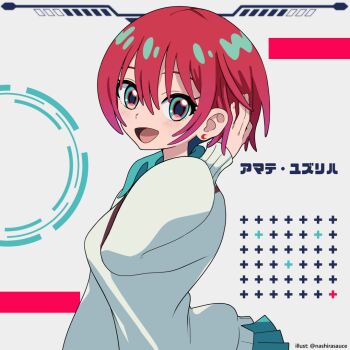 1girl amate_yuzuriha aqua_eyes breasts character_name commentary_request earrings gundam gundam_gquuuuuux jewelry long_sleeves looking_at_viewer medium_breasts multicolored_eyes nashirasauce red_hair short_hair solo sweater upper_body white_background white_hair