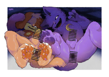 2boys animal_ears animal_penis anus artist_name bar_censor cat_boy cat_ears cat_tail catnap_(poppy_playtime) censored claws commentary_request crescent_moon dog_boy dog_ears dog_tail dogday_(poppy_playtime) erection fangs furry furry_male half-closed_eye highres looking_at_viewer male_focus mixed-language_commentary moon multiple_boys one_eye_closed open_mouth pawpads penis poppy_playtime saliva shota tail yrac