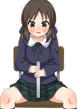 1girl bad_id bad_twitter_id black_socks blue_jacket blush chair comiching commentary_request depth_measurement facing_viewer female_focus green_ribbon green_skirt hair_ornament highres idolmaster idolmaster_cinderella_girls jacket kneehighs loli long_hair measuring neck_ribbon on_chair open_mouth penis_measuring plaid_clothes plaid_skirt ribbon ruler school_chair school_uniform sitting skirt socks solo spread_legs sweatdrop tachibana_arisu trembling