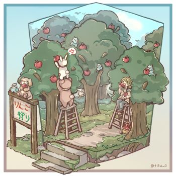 1girl :d animal apple basket bear bird blonde_hair border chigu cloud commentary_request day dog eating food fruit grass highres holding holding_food holding_fruit ladder open_mouth original outdoors outside_border path rabbit road scenery short_hair sitting smile solo stairs tree twitter_username white_border