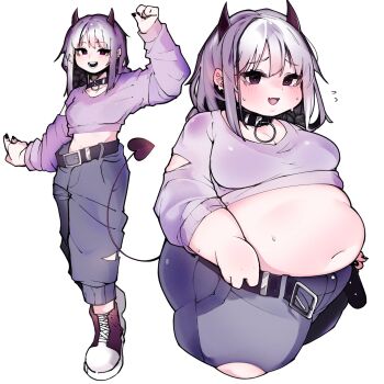 1girl :d arm_cutout arm_up belt black_belt black_choker black_horns black_nails black_tail blush breasts bright_pupils chile_paper choker cleavage clothing_cutout commentary_request cropped_legs demon_girl demon_horns demon_tail denim embarrassed fang fat fewer_digits film_grain flying_sweatdrops full_body grey_pants highres horns jeans long_sleeves looking_at_viewer medium_breasts medium_hair midriff nail_polish navel o-ring o-ring_choker obese open_mouth original pants pink_eyes puffy_long_sleeves puffy_pants puffy_sleeves purple_shirt raised_inner_eyebrows red_shoes shirt shoes simple_background skin_fang smile standing sweat tail torn_clothes torn_jeans torn_pants v weight_gain white_background white_hair white_pupils